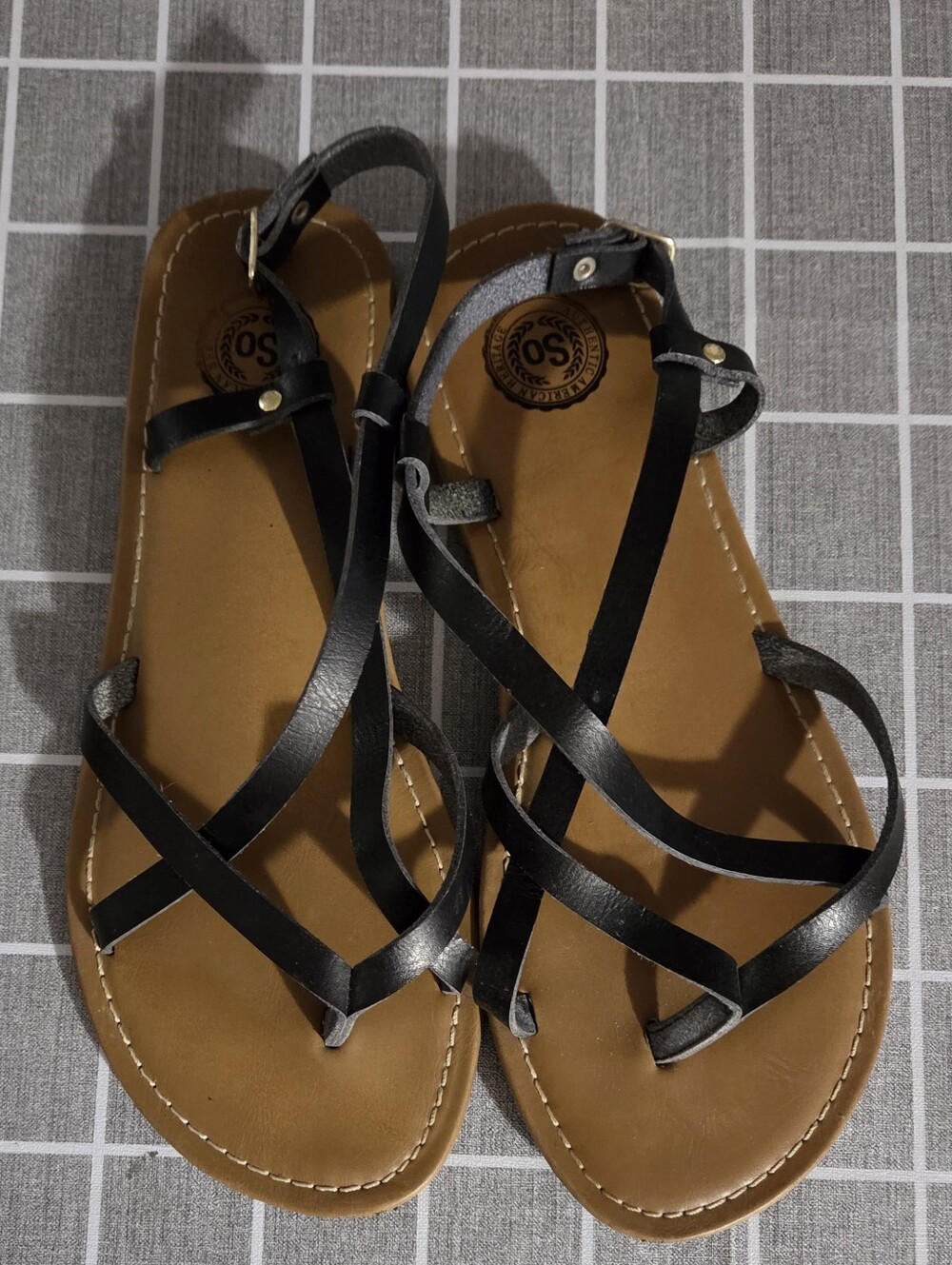 SO Black Strappy Sandals with Tan Footbed